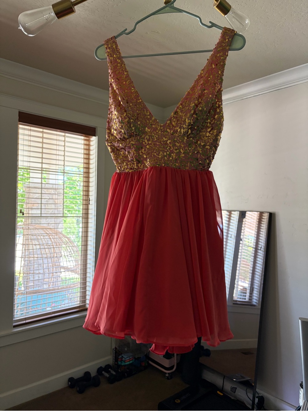 Jodi Kristopher Coral Sequin-Trim Party Dress